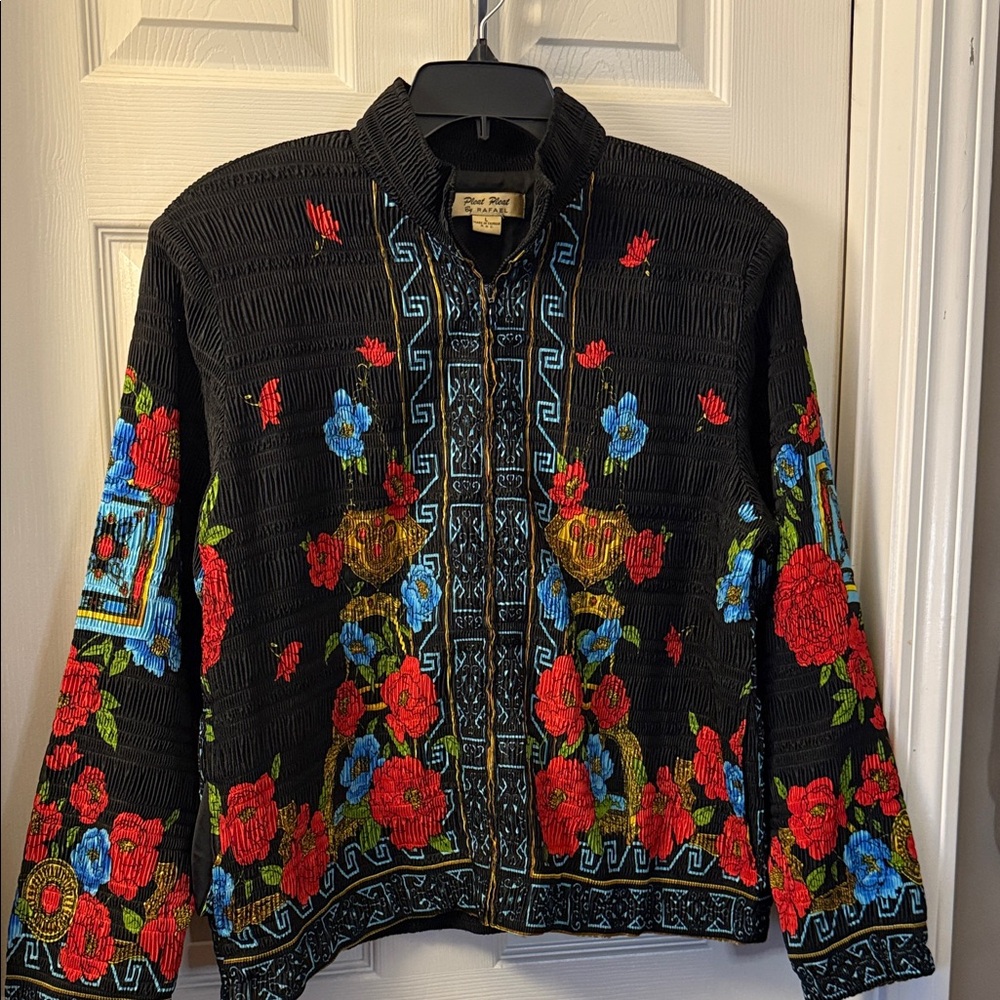 RAFAEL Black Bomber Jacket with Red and Blue Floral Embroidery